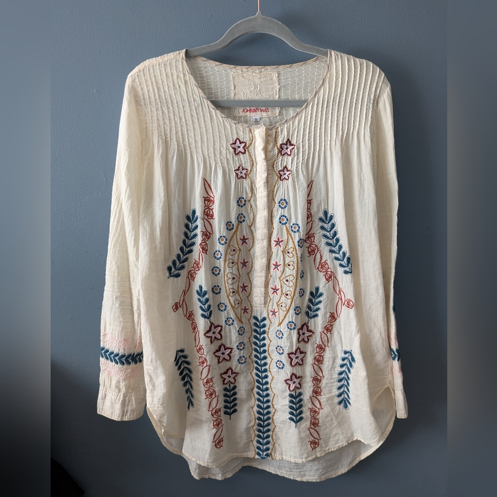 Johnny Was Embroidered Off White Cream Tunic Blouse Women's Size Small